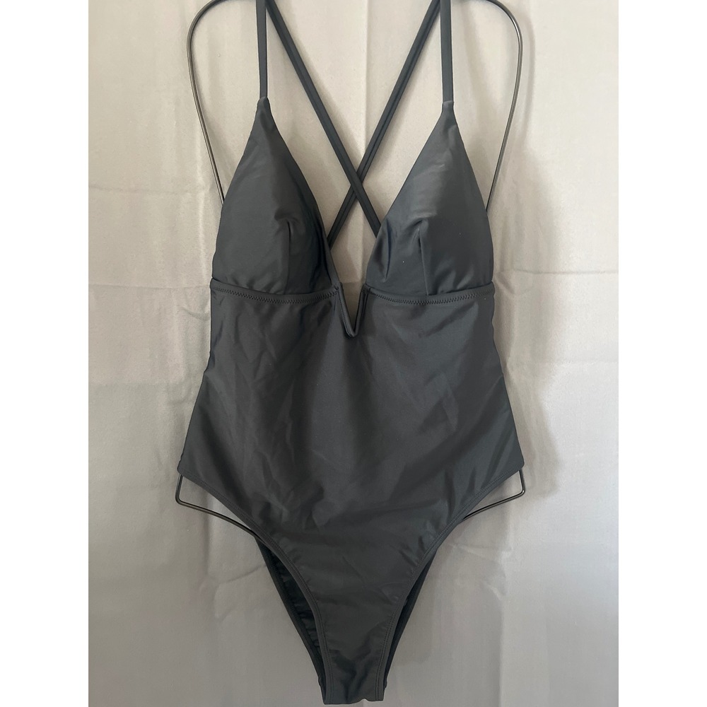 CUPSHE Black Deep V-Neck Cross Back One Piece Swimsuit Size L